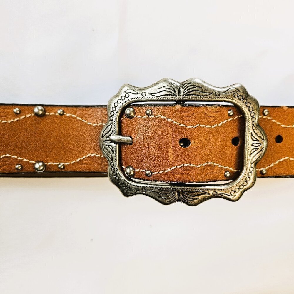 Faded Glory Women's Western Cowgirl Tan Studded Belt Vintage Buckle - Picture 3 of 6